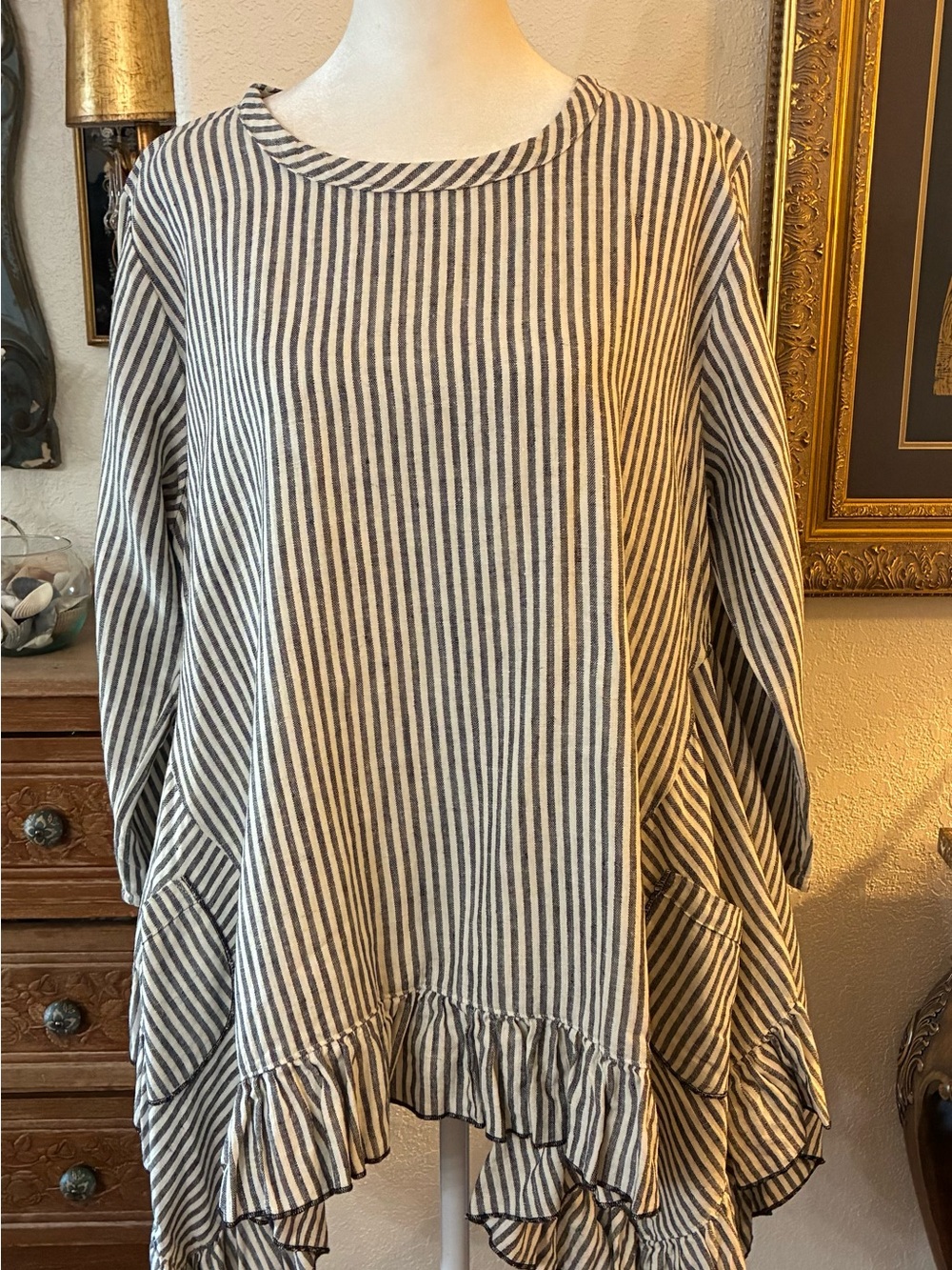 Heart’s‎ Desire Linen Striped Ruffle-Hem Tunic Dress - Black & White Sz XS USA